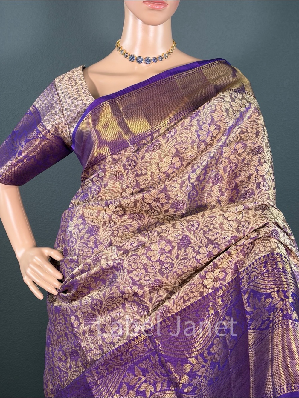 Purple and Gold Woven Kanjipuram silk saree with stitched blouse (Brand New)